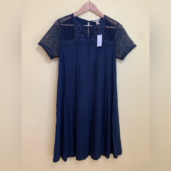 Ann Taylor LOFT | NWT Navy Blue A Line Swing Trapeze Crochet Lace Dress Small - Picture 1 of 8